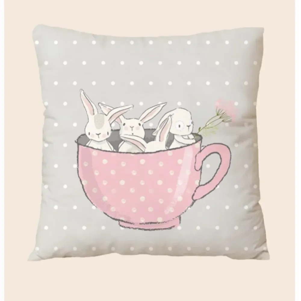 Cartoon Rabbits in Teacup Pillow Cover